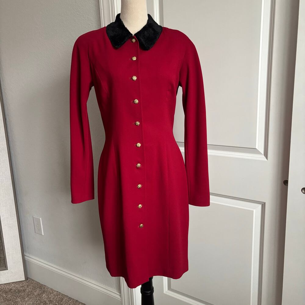 Vintage Ann Tjian for Kenar Dress Red Wiggle Faux Fur Collar Gold Button‎ M 90s